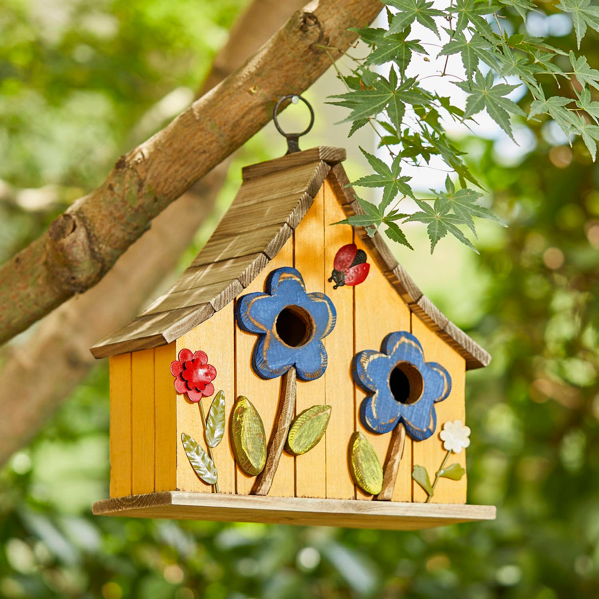 Glitzhome 10.75" L Distressed Solid Wood Hanging Birdhouse with 3D Flowers Rustic Two-Story Townhouse Hand-Painted Garden Bird Houses for Outdoors,Washed Yellow Glitzhome