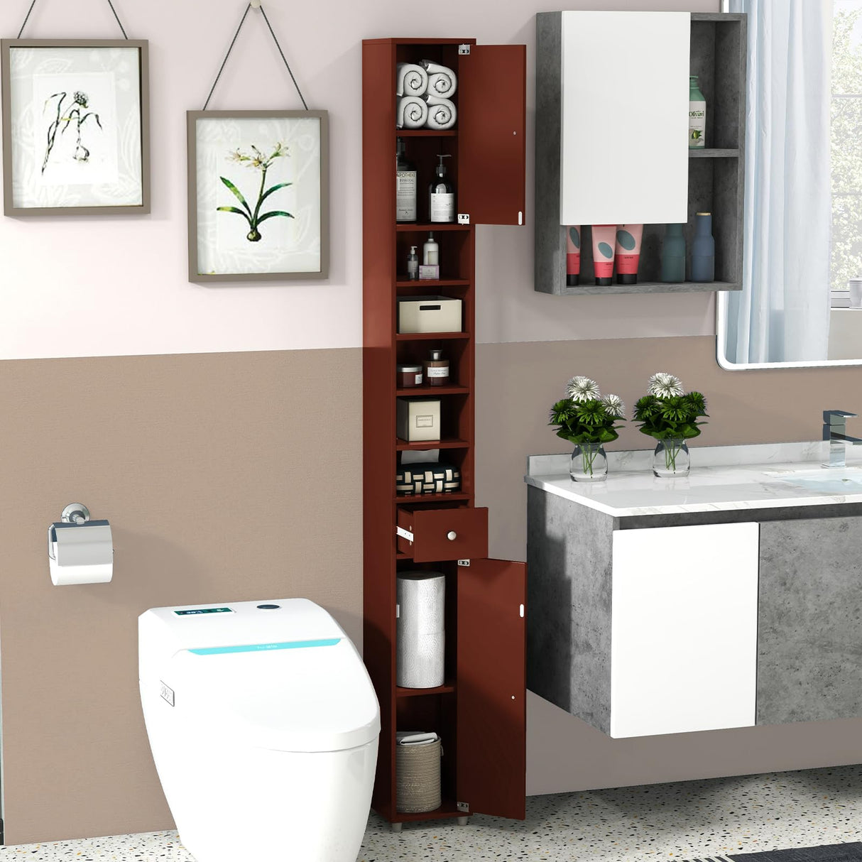 Tangkula Tall Slim Bathroom Storage Cabinet, 71" Freestanding Bathroom Cabinet w/ 2 Doors, 1 Drawer & 5 Adjustable Shelves, Floor Narrow Tower Cabinet for Small Spaces, 8" x 8" x 71" (Brown) Tangkula