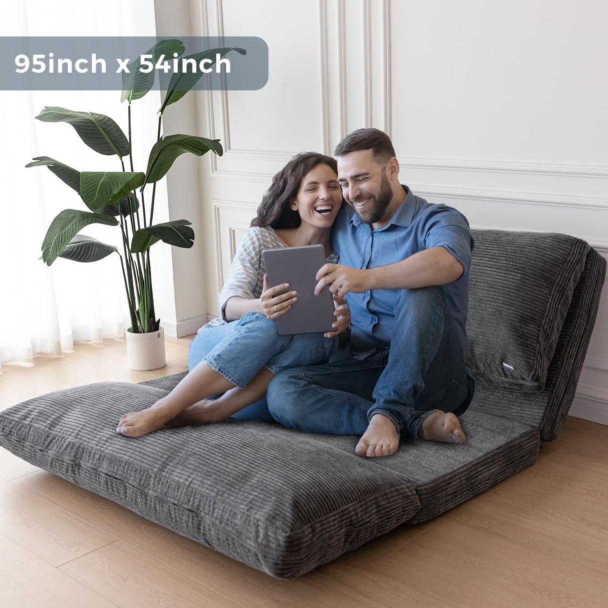MAXYOYO Bean Bag Bed Folding Sofa Bed Floor Mattress for Adults, Extra Thick and Long Floor Sofa with Corded Washable Cover, Dark Grey, 54x95 Inch MAXYOYO