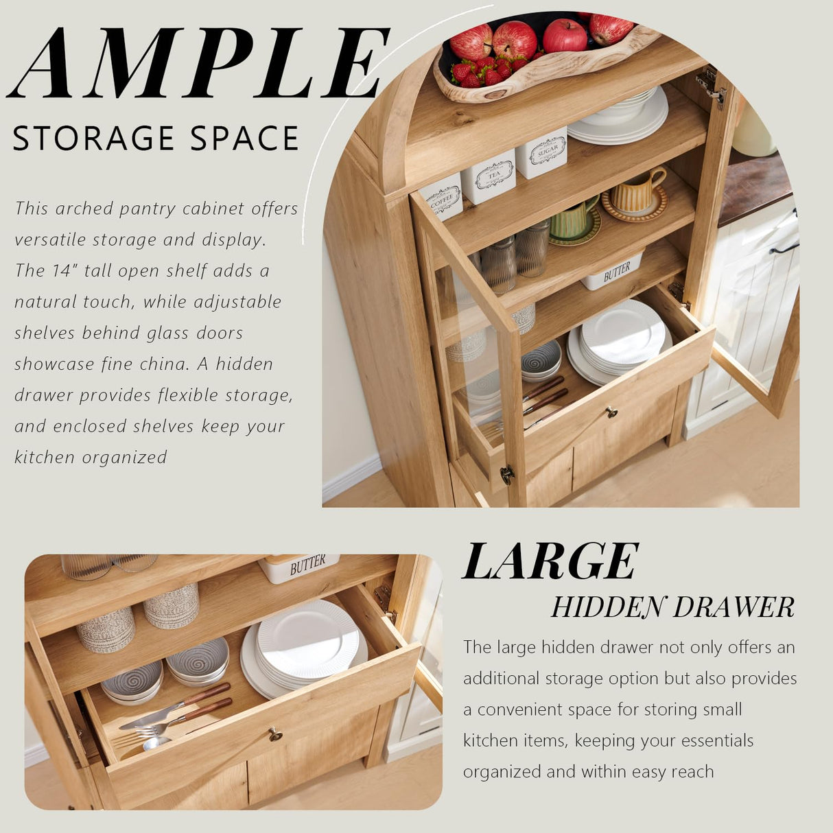 IFGET 71" Tall Arched Kitchen Pantry Cabinet, Modern Farmhouse Kitchen Storage Cabinets with Open & Adjustable Shelves, Hidden Drawer & Glass Door, Versatile Cupboard for Kitchen, Dining Room, Natural IFGET