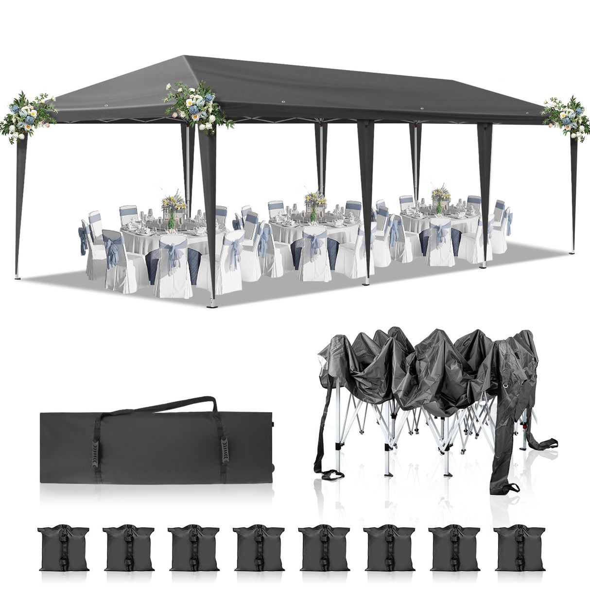 10x30 Pop Up Outdoor Canopy Tent,10x30ft Waterproof Party Tent Ez Up Canopy Tents for Parties Wedding Outdoor Commercial Event Gazebo Portable Instant Tent for Backyard Camping Carport, Dark gray Xeuemtey
