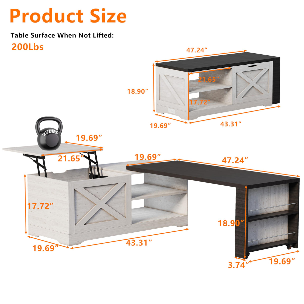 Wildhome 48" Farmhouse Lift Top Coffee Table with Charging Station,Foldable L-Shaped Cocktail Table with Hidden Storage Compartment,Lifting Tabletop and Storage Rack for Living Room,Office,White Wildhome