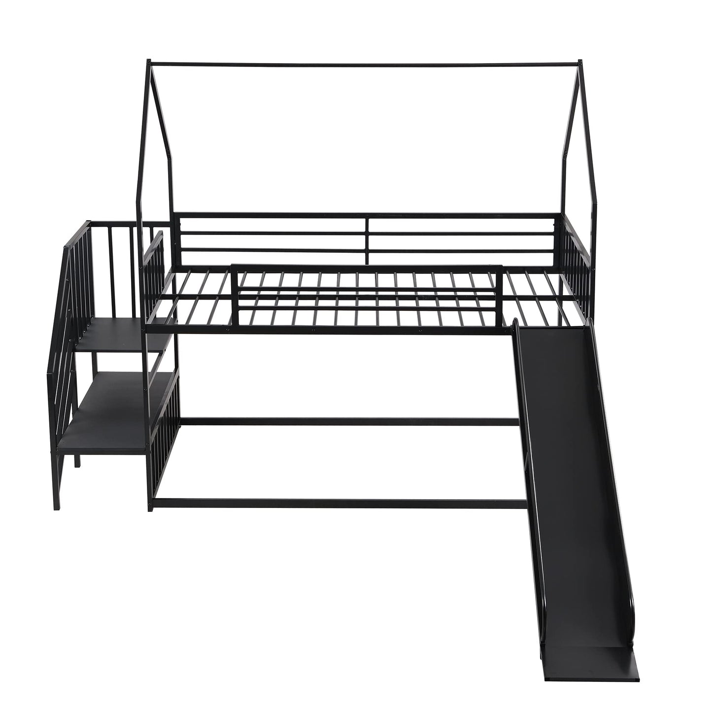 Harper & Bright Designs Twin over Twin Metal Bunk Bed with Slide and Stairs, Low Bunk House Bed for Kids, Floor Bunk Bed, Modern Style Heavy-Duty Steel Frame (Black)