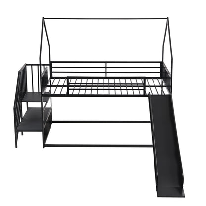 Harper & Bright Designs Twin over Twin Metal Bunk Bed with Slide and Stairs, Low Bunk House Bed for Kids, Floor Bunk Bed, Modern Style Heavy-Duty Steel Frame (Black)