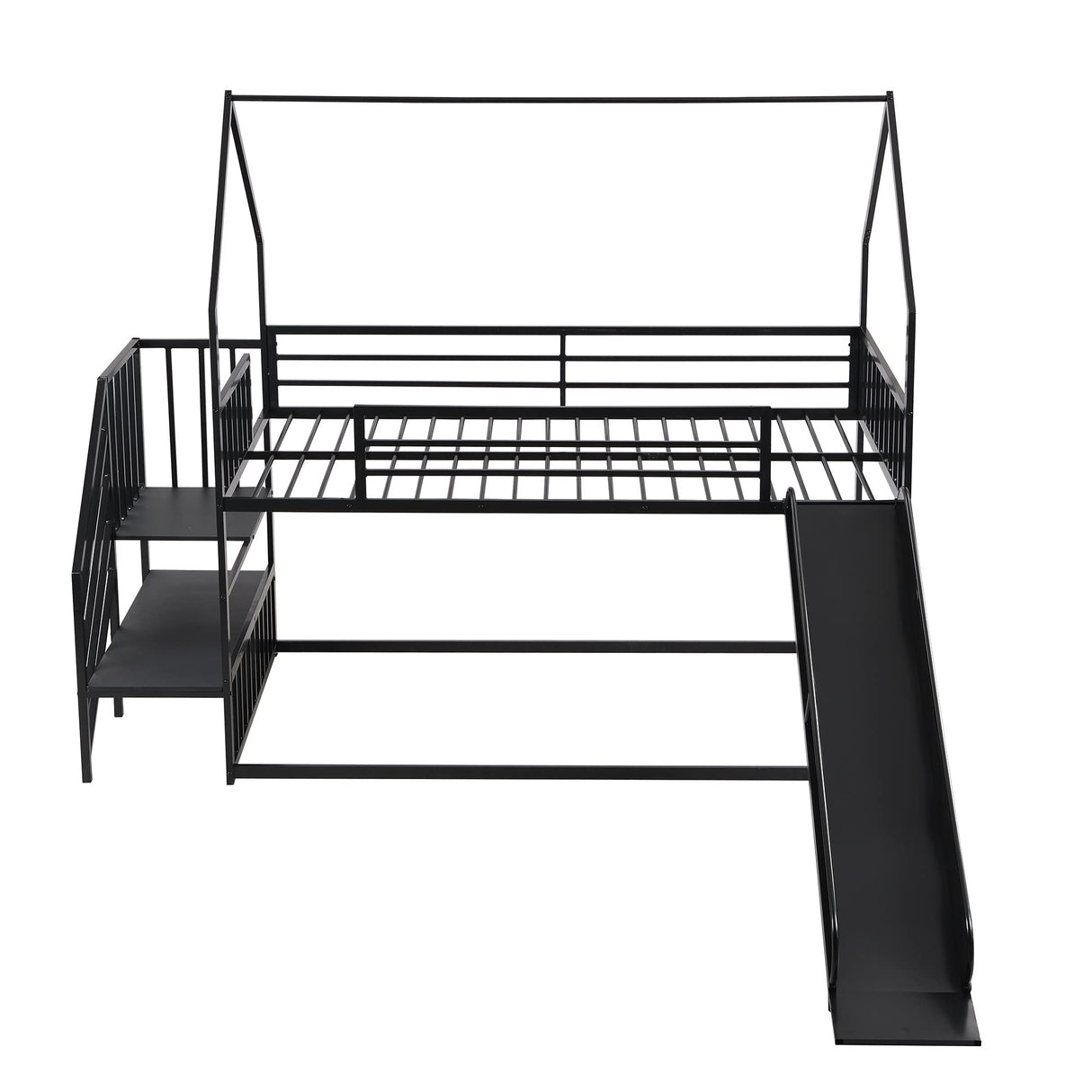 Merax Twin Over Twin Metal Bunk Bed, House Bed with Slide and Staircase, Black Merax