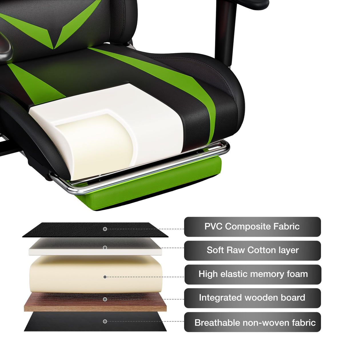 HOFFREE Gaming Chair with Bluetooth Speakers and Led Lights Massage Vide Game Chair with Footrest Reclining High Back Computer Gamer Chair Green and Black HOFFREE