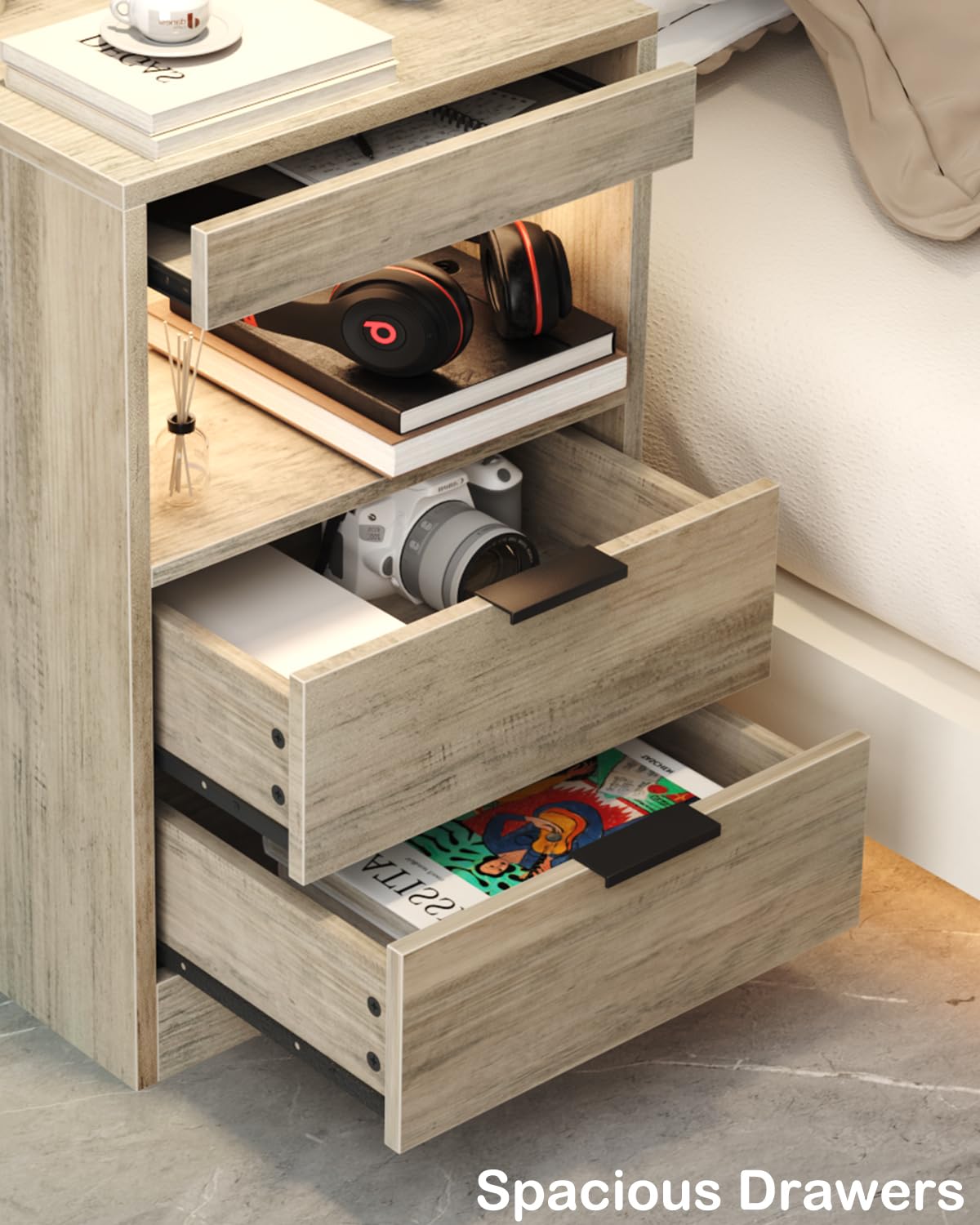 Gadroad LED Nightstand with Charging Station, Bedside Table with 3 Drawers and LED Lights, End Table Sofa Couch Side Table with Pull-Out Shelf, Grey Gadroad