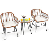 Tangkula 3 Pieces Patio Conversation Bistro Set, Outdoor Wicker Furniture w/Round Tempered Glass Top Table & 2 Rattan Armchairs, Bistro Chat Set w/Seat Cushions for Porch, Backyard, Garden Tangkula