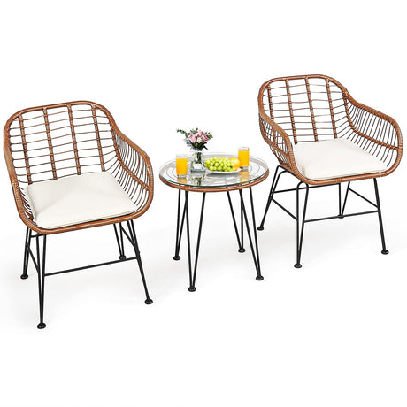 Tangkula 3 Pieces Patio Conversation Bistro Set, Outdoor Wicker Furniture w/Round Tempered Glass Top Table & 2 Rattan Armchairs, Bistro Chat Set w/Seat Cushions for Porch, Backyard, Garden Tangkula