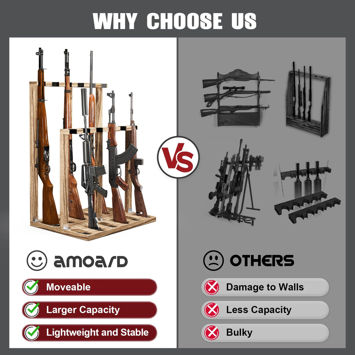 amoard Indoor Gun Racks, Wooden Free Standing Heavy Duty Shotgun Display Rack, Rifle Stand Organizer, 12 Rifles Storage Holder Wood Gun Rack (Carbonized Black) amoard