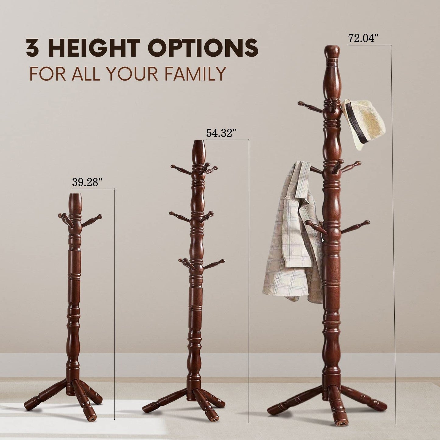 SUOHUI Coat Rack, Natural Wood Coat Racks with 3 Height Options and 9 Hooks,Coat Tree Ease of Assembly,Freestanding Hall Tree for Home/Office/Entryway/Hallway (Walnut)