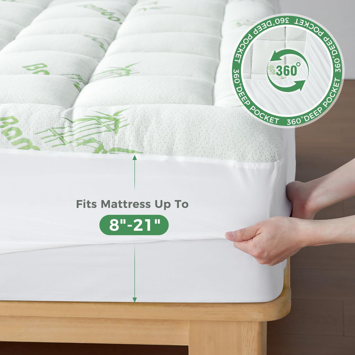 HYLEORY Mattress Topper Queen Size - Bamboo-Viscose Plush Pillow Top Mattress Pad, Thick Mattress Protector Cover Breathable Fluffy Soft Bed Topper with 8-21" Deep Pocket, Green HYLEORY