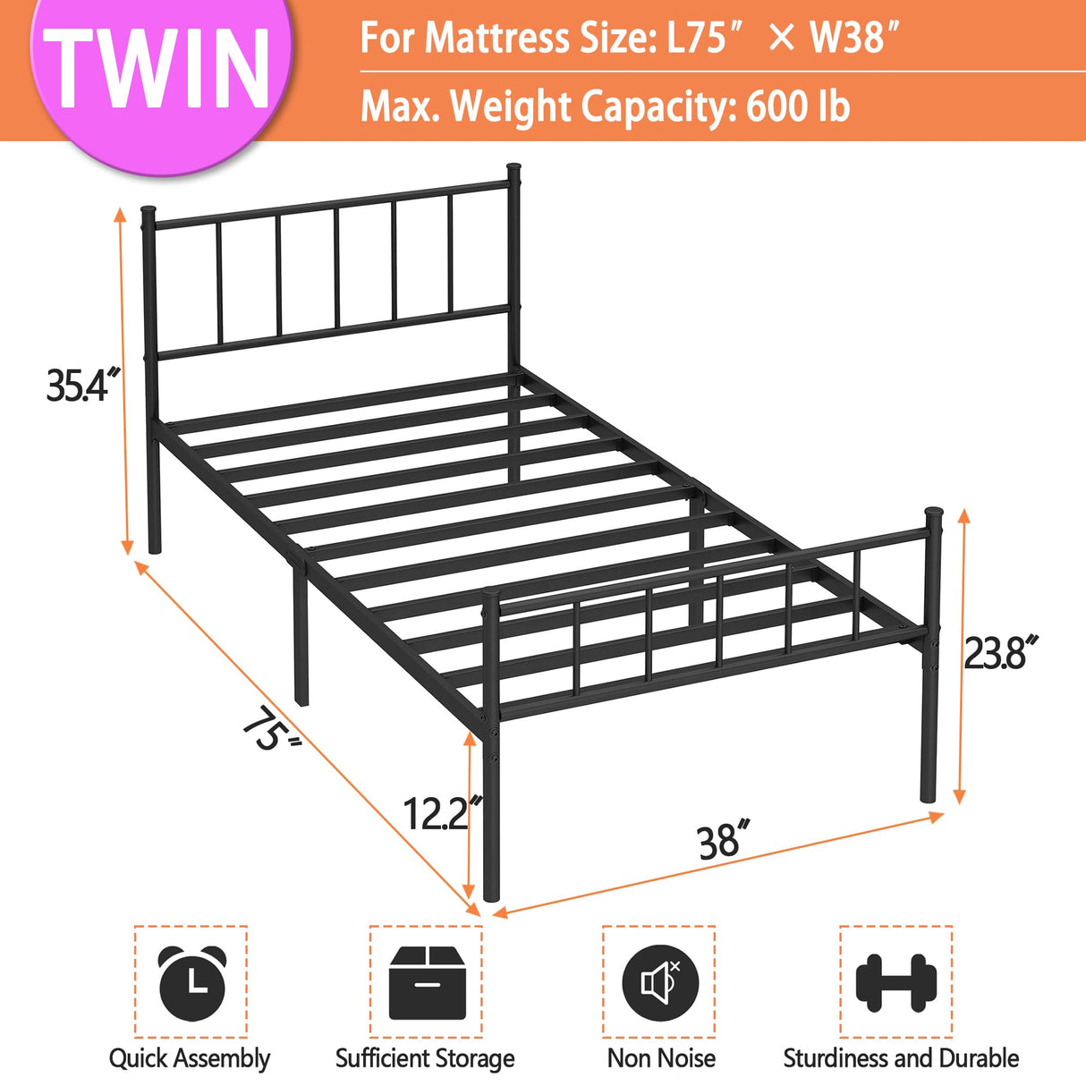 DIIYIV Twin Bed Frame-Classic Metal Platform Bed Frame,Mattress Foundation with Steel Slat Support,Under Foundation Storage,No Box Spring Needed, Easy Assembly, Twin Size DIIYIV