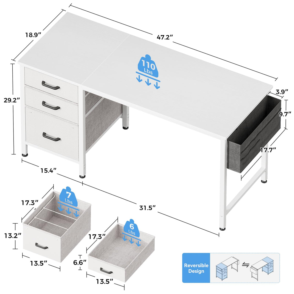 Casaottima 40" Small Computer Home Office Desk for Bedroom with Fabric Drawers & File Cabinet, Cloth Storage Bag and Hook, Writing Study Work Table for Small Space, White Casaottima