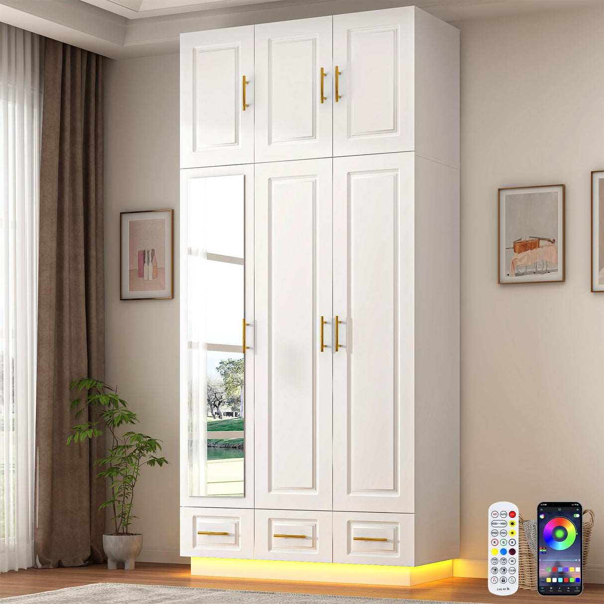 Hlivelood Large Armoire Wardrobe Closet Cabinet with Drawers and LED Lights, Multi-Tier Shelves, Hanging Rod, Large Capacity Storage 3 Door Wardrobe Armoire with Top Cabinet for Bedroom, White Hlivelood