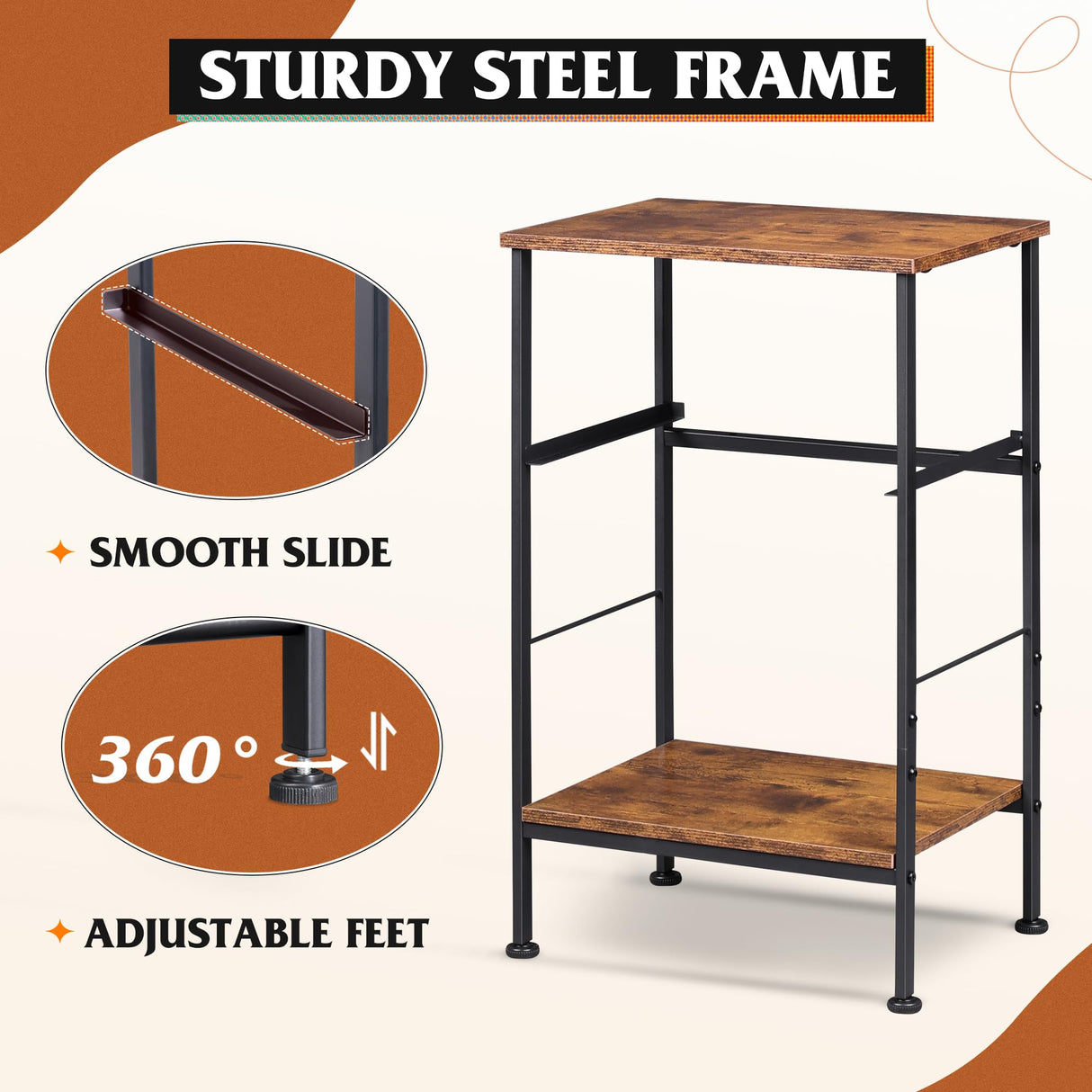 WLIVE Nightstand, Bedside Side Table for Bedroom, Dorm with Steel Frame, Night Stand End Table with Fabric Storage Drawer, Easy Assembly, Rustic Brown Wood Grain Print, 11.73''D 15.67''W 25.03" H WLIVE