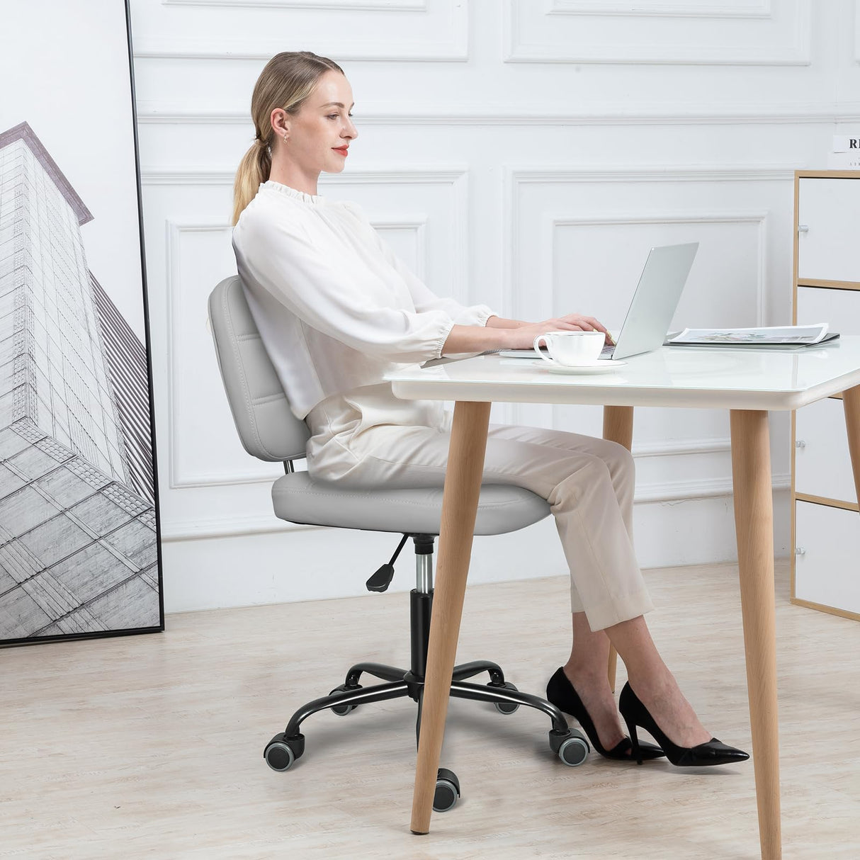 ERGOSEAT Armless Home Office Desk Chair with Wheels, Modern Ergonomic Drafting Rolling Chair with 360° Swivel Wheels,Height Adjustable Computer Task Chairs for Small Space, Light Grey ERGOSEAT