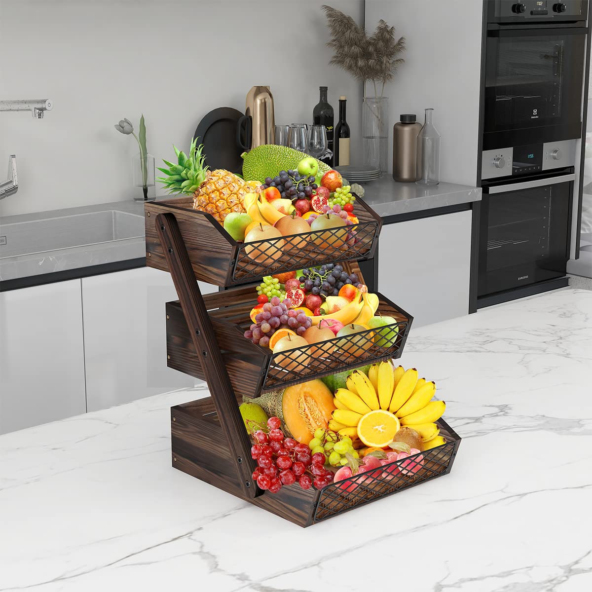 Dorhors Fruit Basket for Kitchen, 3 Tier Fruit Bowl for Kitchen Counter,Wooden Fruit Holder for Kitchen Countertop - WoodArtSupply