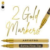 ARTISTRO 2 Acrylic Paint Pens for Rock Painting Ceramic Wood Glass Tire Plastic, Fabric Marker Paint Markers Ideal for Labeling DIY Crafts Art Projects, 0.7mm Extra Fine Tip, Gold ARTISTRO