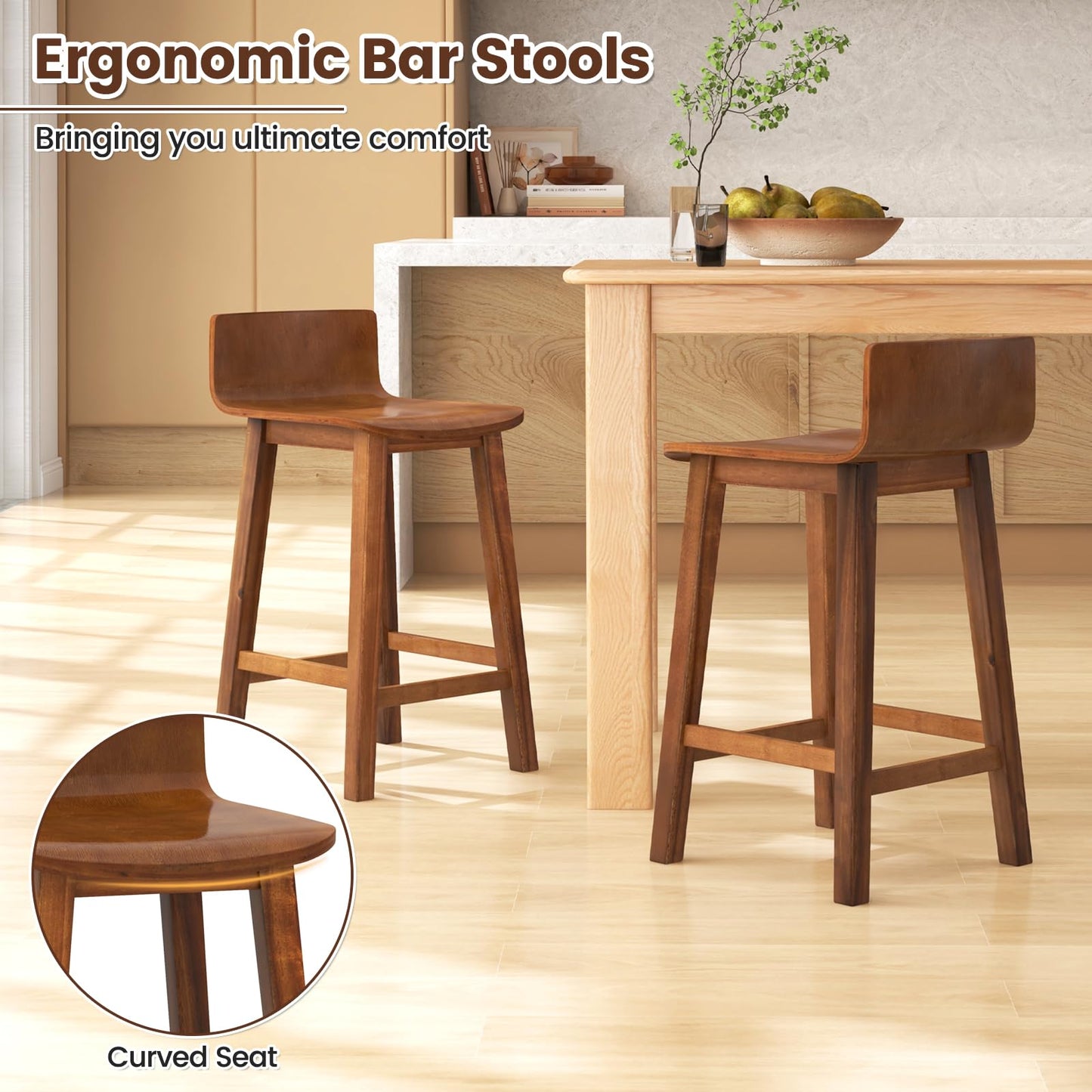 COSTWAY Solid Wood Bar Stools Set of 4, 24.5-inch Counter Height Chairs with Low Backrest and Footrest, Wooden Pub Barstools, Armless Kitchen Island Breakfast Stools for Dining Room, Cafe, Br - WoodArtSupply