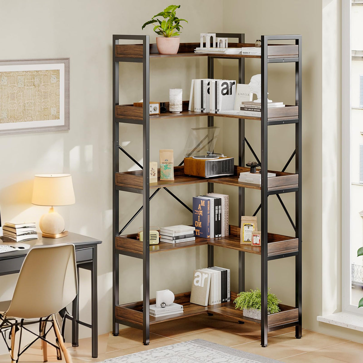 GRUSIGN 5-Tier Corner Bookshelf - Modern Tall Corner Bookcase with Sturdy Metal Frame, Large Storage L Shaped Bookshelf for Living Room/Home Office/Bedroom, Space-Saving Design, Rustic Brown GRUSIGN