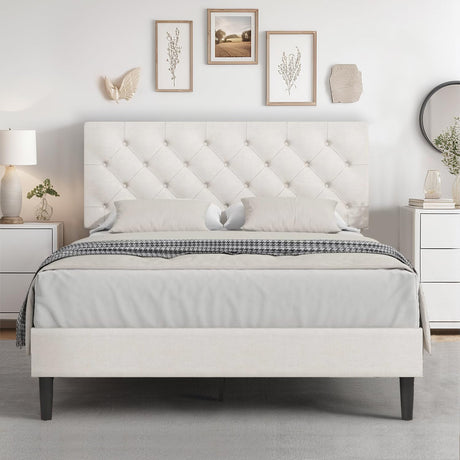 HOMBCK Full Bed Frame with Headboard, Linen Fabric Upholstered Bed Frame Full, White Bed Frame with Wood Slats, Button Tufted, No Box Spring Needed, White HOMBCK