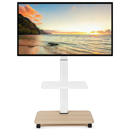 Hellsehen Rolling TV Stand for 32-70 Inch Flat Curved LED LCD OLED Screens up to 100lbs Height Adjustable Mobile TV Cart with Lockable Wheels & Laptop Shelf for Bedroom Outdoor Office Small Dorm White