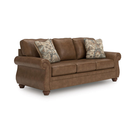 Signature Design by Ashley Shadsburne Rustic Faux Leather Sofa Sleeper with Bi-Fold Memory Foam Mattress, Nailhead Trim and 2 Throw Pillows, Queen, Brown Signature Design by Ashley