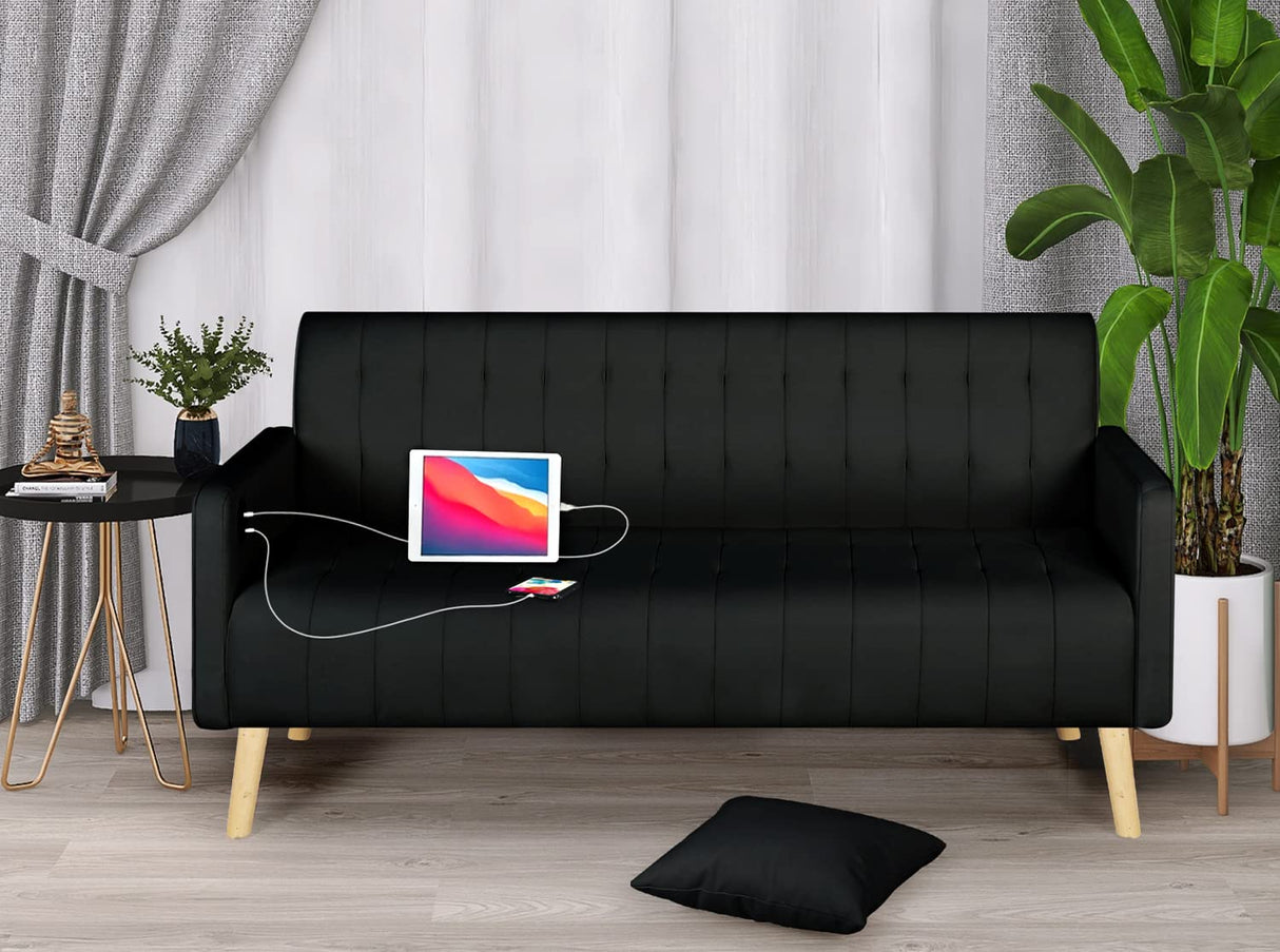 TYBOATLE Mid-Century Modern Striped PU Leather Loveseat Sofa w/ 2 USB Charging Ports, Love Seats Couches w/Pillow for Small Space, Living Room, Office, Apartment, Dorm, Office, 57“ W(White) (Black) TYBOATLE