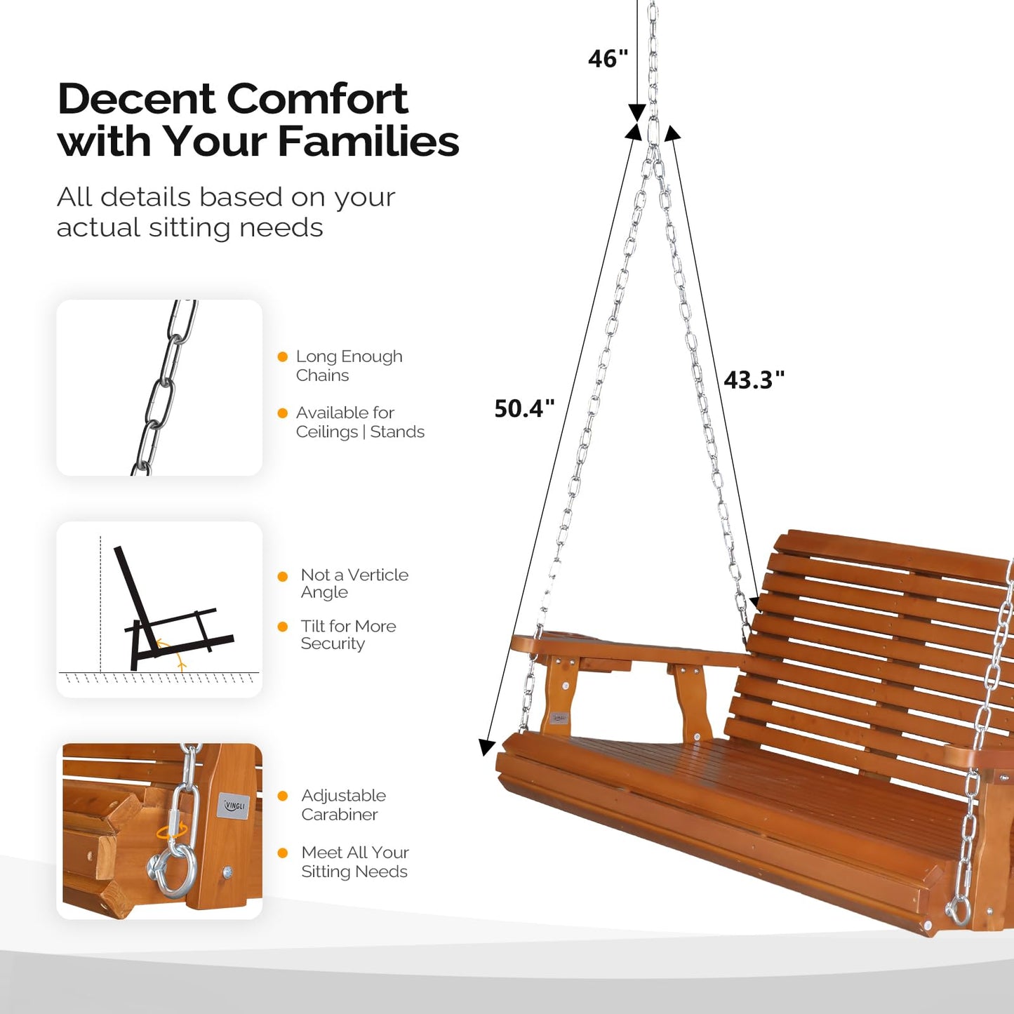 VINGLI XL Size Patio Wooden Porch Swing Outdoor with Cup Holders & Phone Slots, Heavy Duty 880 LBS Hanging Swing Chair Bench with Hanging Chains for Yard, Lawn, Garden (5 FT Pro, Brown) - WoodArtSupply