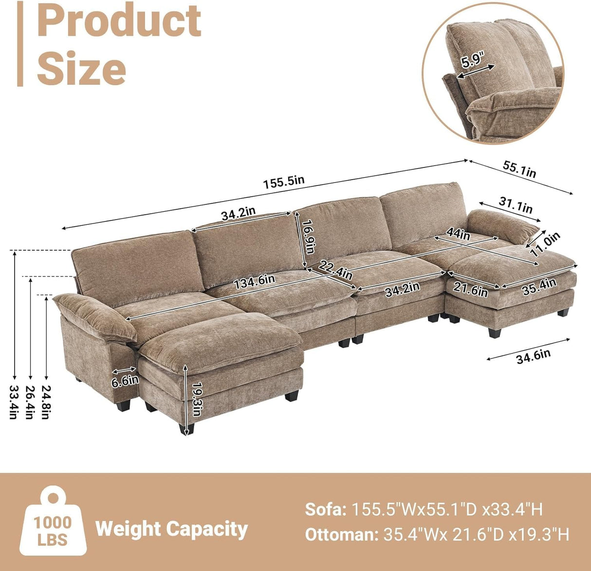 VINGLI 157" Convertible Modular Sectional Sofa with Deep Seat & 2 Movable 2-Layer Ottomans, U-Shape Cloud Sofa with Chaise, Oversized 4-Seater Armrest Couch for Living Room, Chenille, Light-Brown VINGLI