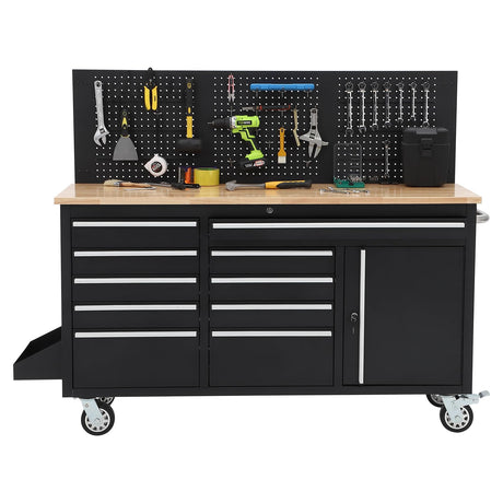 Heavy Duty 61 in Tool Chest Cabinet, Mobile Garage Workbench with 10 Drawers and Power Strip, Rubber Wood Worktop, 1675 LBS Load, Rolling Tool Storage Organizer for Mechanic, Shop or Home Use GarveeHome
