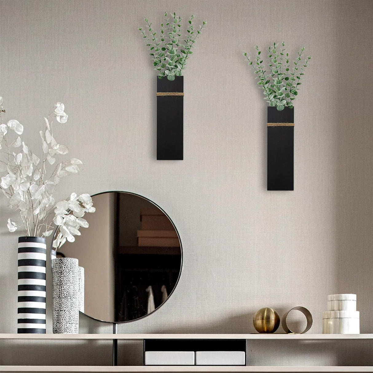 Wall Planters for Indoor Plants - 4 Pack Wood Wall Vases for Dried Flowers & Artificial Plants Modern Farmhouse Wooden Vase for Living Room Bedroom Kitchen Wall Decorations - Black TYLCC