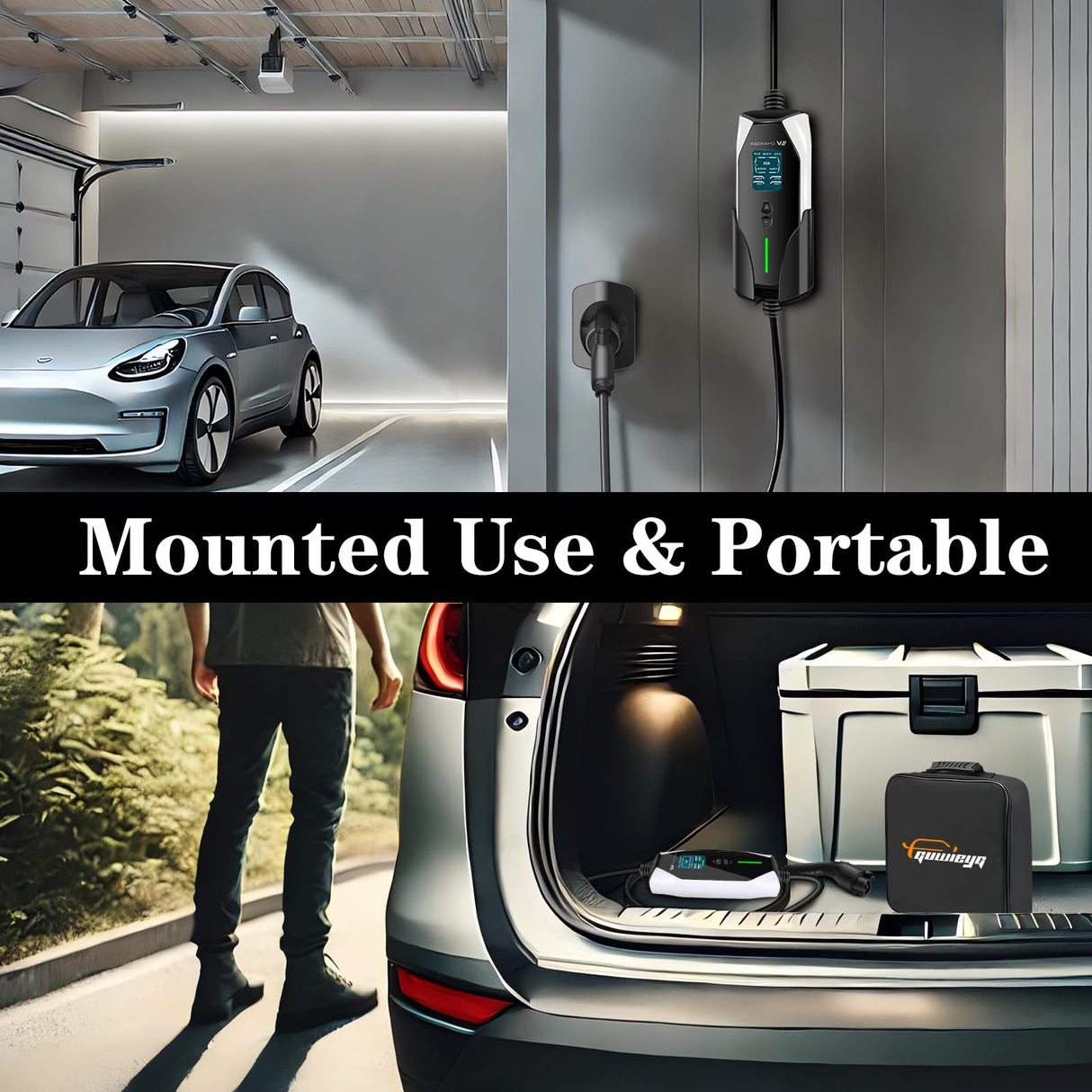 GUWIEYG Portable Level 1&2 EV Charger, 16A 100-240V 25FT J1772 Charger, Portable Electric Vehicle Charging with NEMA 6-20 Plug and NEMA 5-15 Adapter, Adjustable Current, Delay Timer, App Control GUWIEYG