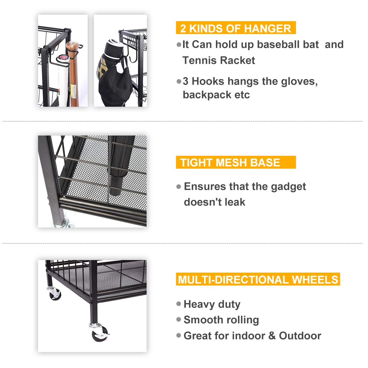 Kinghouse Sport Equipment Organizer for Garage, Steel Basketball Rack with Baseball Bat Holder and Hooks, Easy Assembly Storage for Balls, Kids' Toys, and Workout Gear in Basement, Home Gym, Outdoor Kinghouse