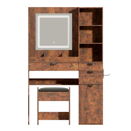 NEDYO Vanity with Mirror and Lights, Makeup Vanity Table Set, Dressing Table, Small Wood Vanity with Chair, Touch-Sensitive Dimmable Mirror, Shelves and Drawers. Industrial Style Vintage Brown NEDYO