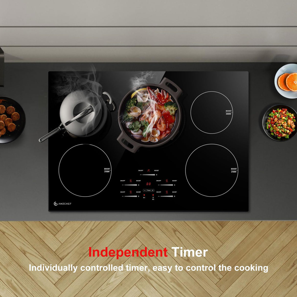 30 Inch10600W Induction Cooktop,AMZCHEF 9 Levels Electric Cooktop with 5 BOOST Burners,Bulid-in Induction Cooktop Control by Slide Touchscreen,Child Safety Lock,Independent Timer,No plug,240V amzchef