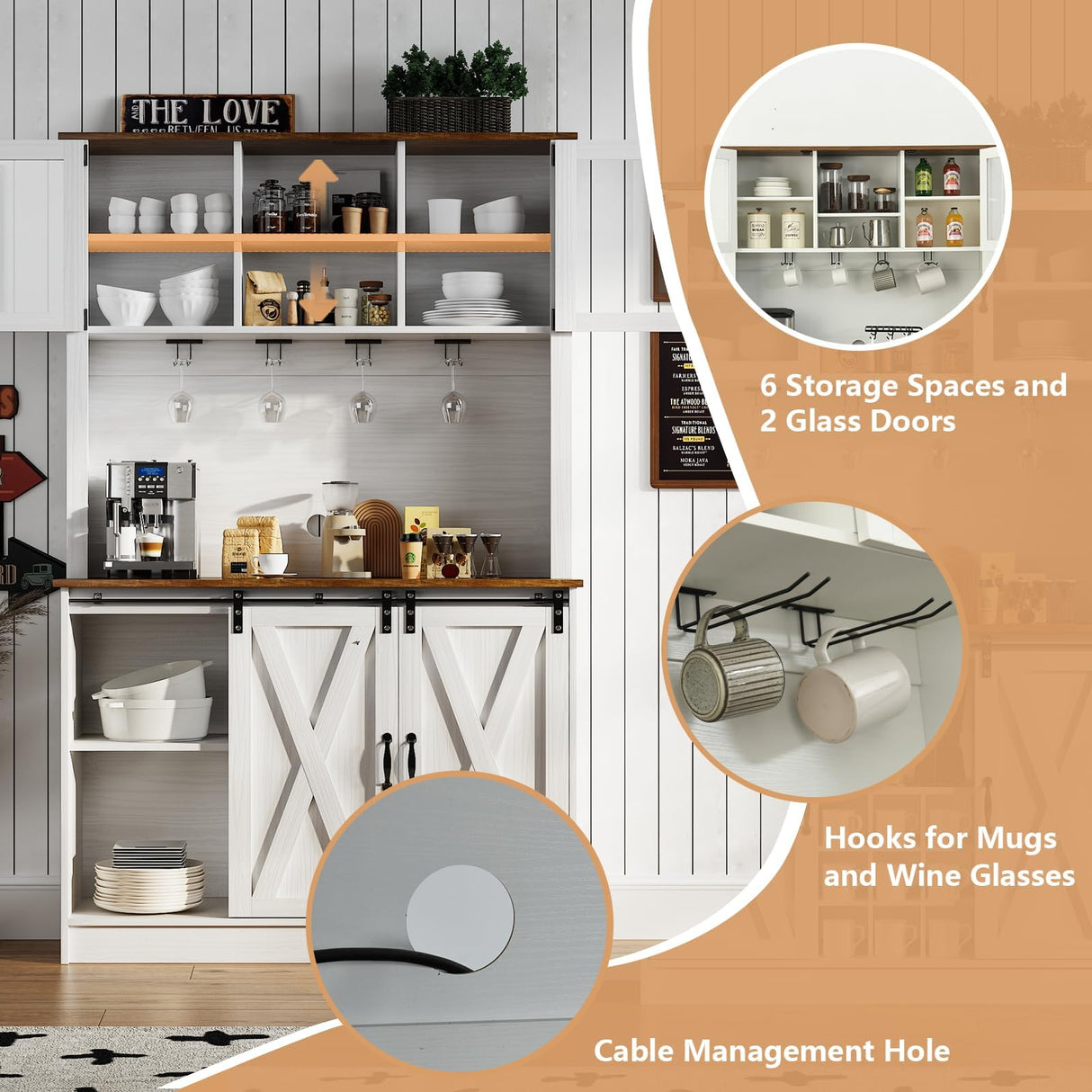 4ever2buy Farmhouse Coffee Bar Cabinet with Hutch, 72'' White Hutch Cabinet with 2 Glass Doors, Tall Wine Bar Cabinet with 9 Wine Racks, Coffee Bar Hutch with Storage for Living Room 4ever2buy