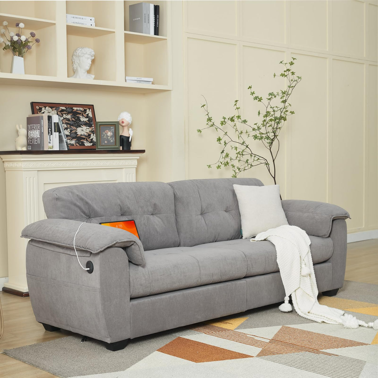 TYBOATLE Sofa Couches for Living Room, Mid-Century Modern Comfy Tufted Upholstered 87" W Loveseat w/ 2 USB Charger & Side Pocket, 2/3 Seater Cloud Couch Sofas for Apartment Bedroom Office (Dark Grey) TYBOATLE