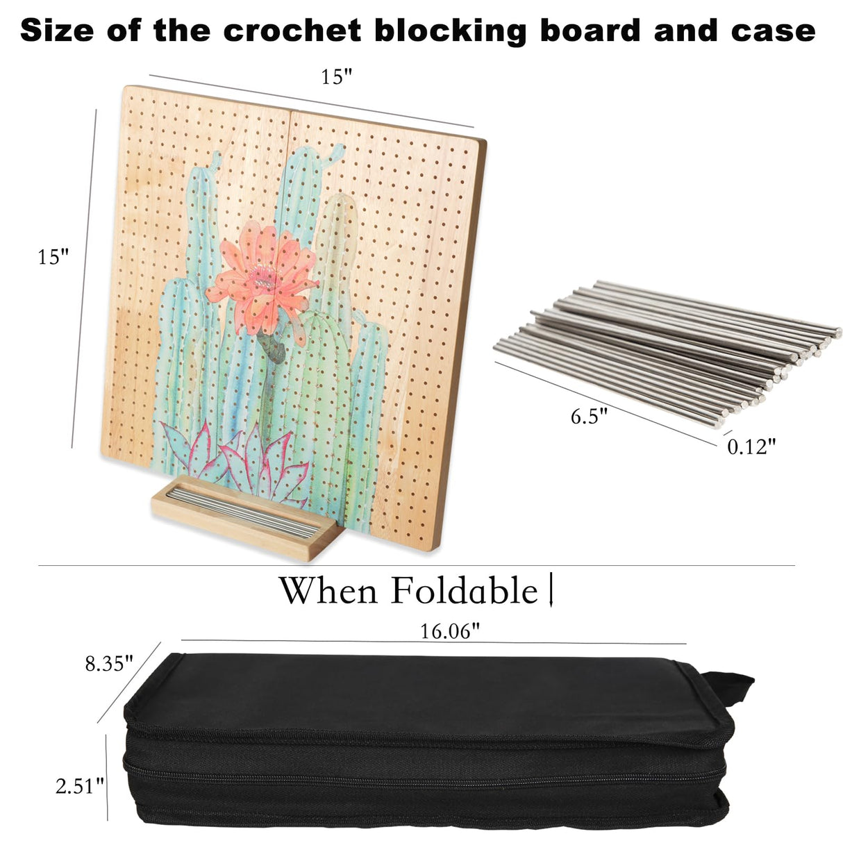 Svartur 15" Foldable Crochet Blocking Board with Pegs & Storage Pouch, Large Granny Square Blocking Board for Crocheting, Wooden Knitting Blocking Mat for Wet Blocking Crochet and Knit Squares Svartur