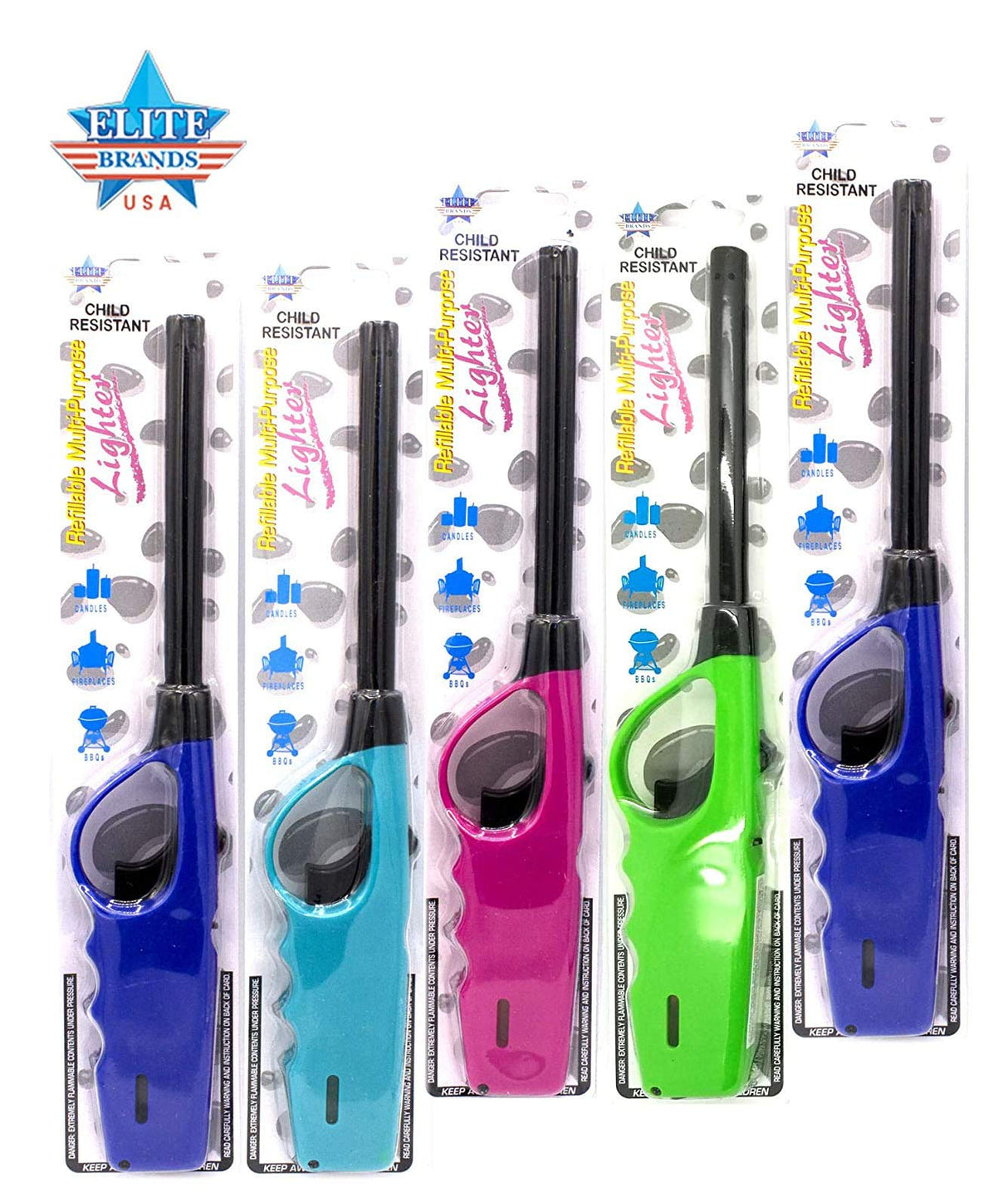 Elite Brands USA Long Lighters Pack, 5 Pack of Butane Refillable Fire Lighters, Ideal as Multipurpose Utility Lighters BBQ Lighters Grill Lighters Kitchen Lighters, Multicolor, Large Elite Brands USA