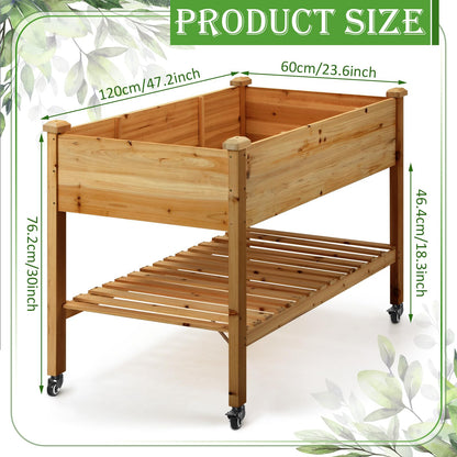 Suzile Raised Garden Bed on Wheels, 48x24x30in Elevated Wood Planter Box with Legs and Storage Shelf Wooden Elevated Garden Bed with Drain Holes for Vegetable Flower Herb Outdoor Backyard (Brown)