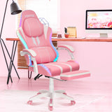 HOFFREE Pink Gaming Chair with Speakers and Massage Led Gaming Chair with Footrest Big and Tall Video Game Chair Reclining High Back Computer Desk Chair for Girls Pink and White HOFFREE
