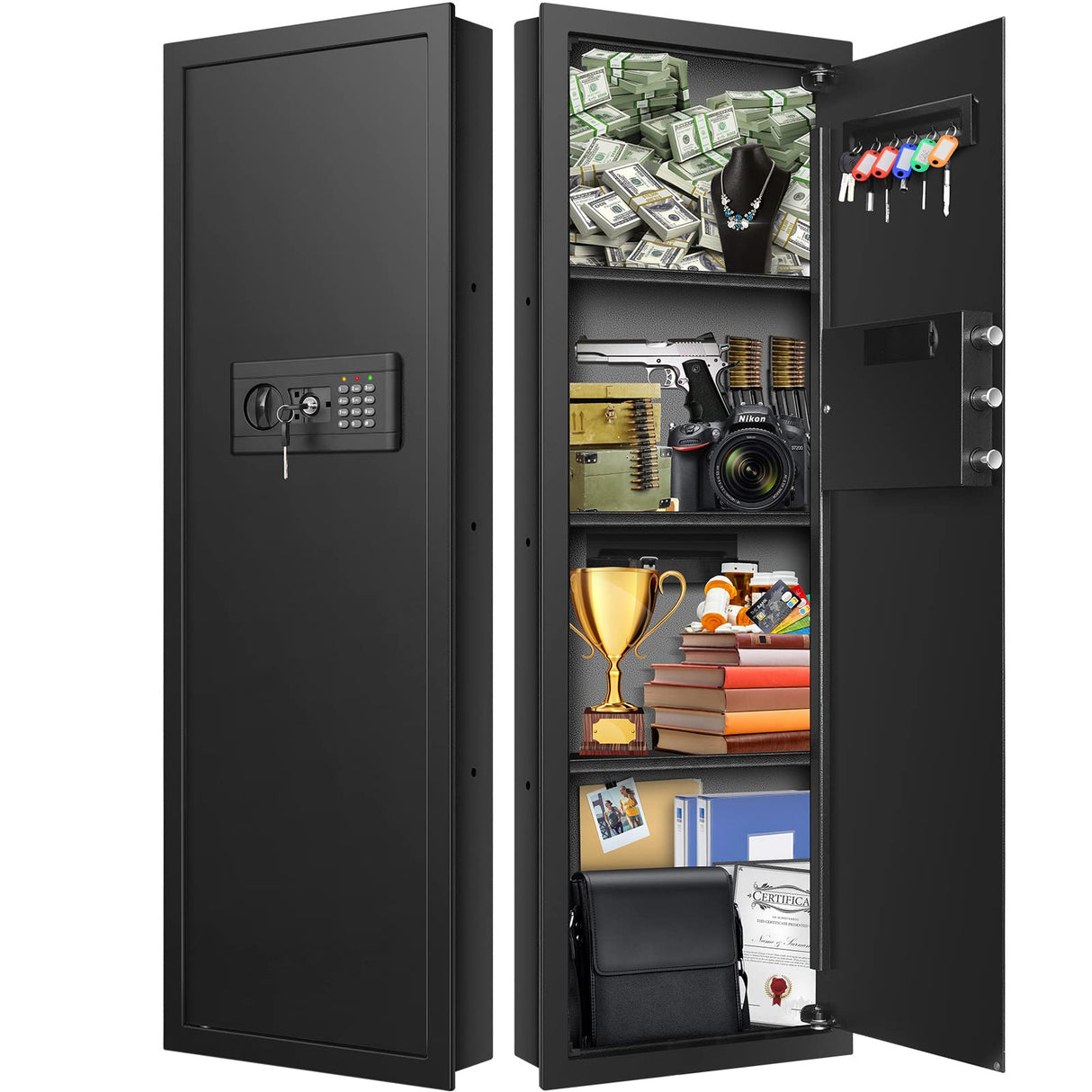 GHJGAGE 43.5" Tall Fireproof Wall Safe Between Stud, Heavy Duty Flush In Wall Safe With Digital Keypad & Removable Shelf, Hidden Gun Safe, Security Home Wall Safes For Storage Firearms Money Medicine GHJGAGE