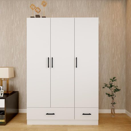 TemkTuek 3-Door Armoire Wardrobe Closet, White Wood Wardrobe Cabinet with Hanging Rod, Triple Doors, and Drawers, Bedroom Armoire Wardrobe Closet, Closet Organizers and Storage, 48"x71"x19" TemkTuek