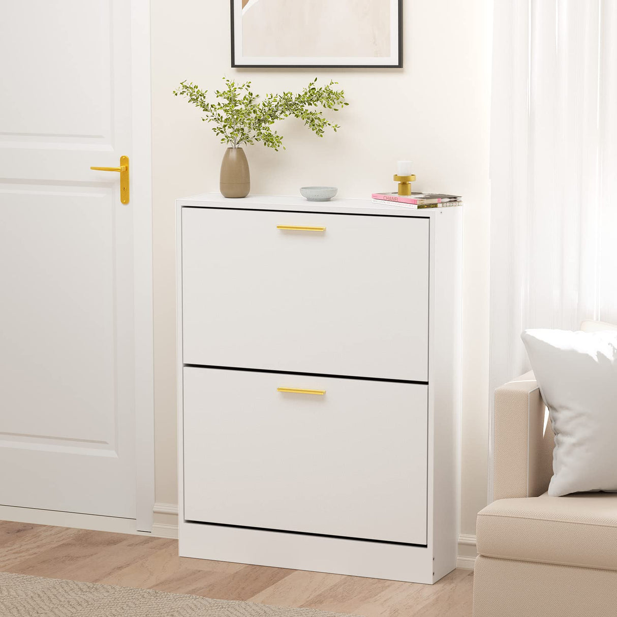 JOZZBY Shoe Cabinet Storage for Entryway, Slim White Hidden Shoe Organizer Cabinet with 2 Flip Drawers, Wooden Narrow Shoe Rack with 2 Tier Freestanding for Hallway, Living Room JOZZBY