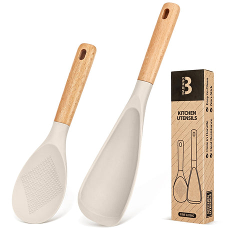 Cooking Spoon and Rice Scooper for Nonstick Cookwares, Great for Cooking and Serving Durable BPA-Free Matte Silicone, Wood Handle Spoon for Mixing, Scoop, and Scrape (KHAKI) Badiano