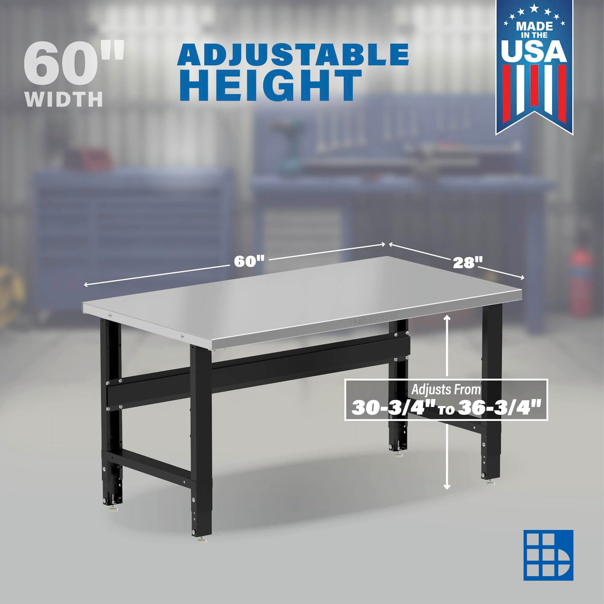 Borroughs 60" Adjustable Workbench, Stainless Steel Top Heavy-Duty Workstation, 2000 LB Capacity Worktable for Workshop, Garage, School, Office, Home, 60" W x 28" D Borroughs