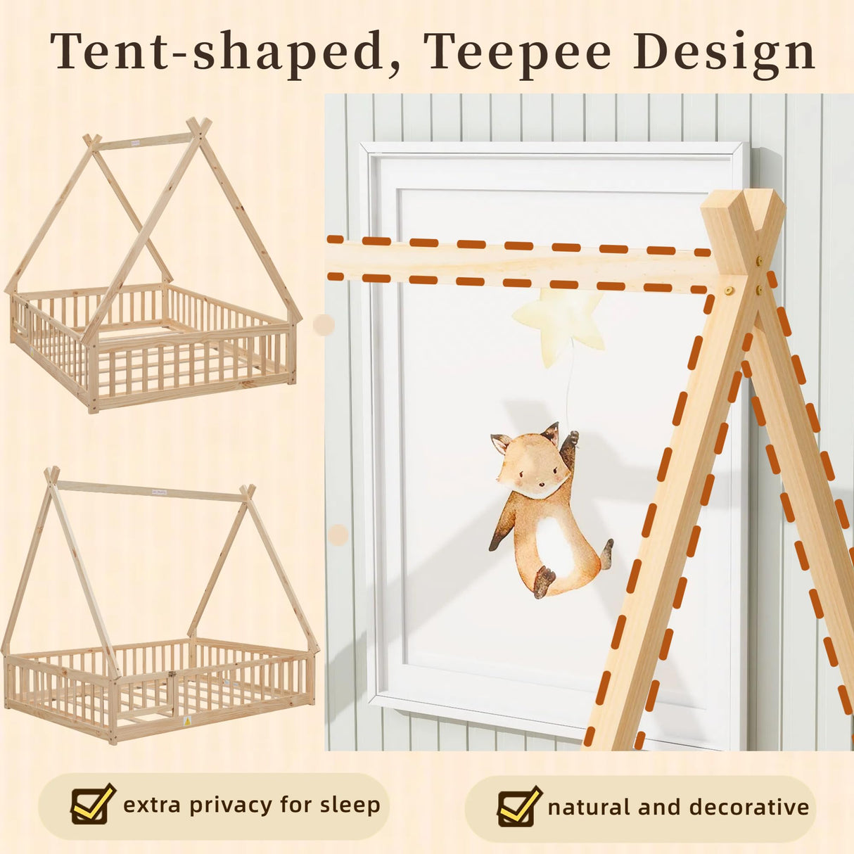 Mirightone Full Size Montessori Tent Floor Bed with Slats and Guardrails in Natural Wood Mirightone