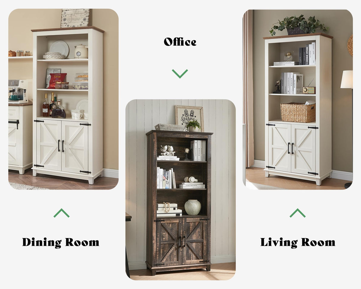 AMERLIFE Farmhouse Bookcase with Doors, 5 Shelf Bookshelf Storage Cabinet with Adjustable Shelves & Barn Door, Versatile Storage Pantry Cabinet for Bedroom, Living Room, Kitchen, Rustic White(2pcs) AMERLIFE